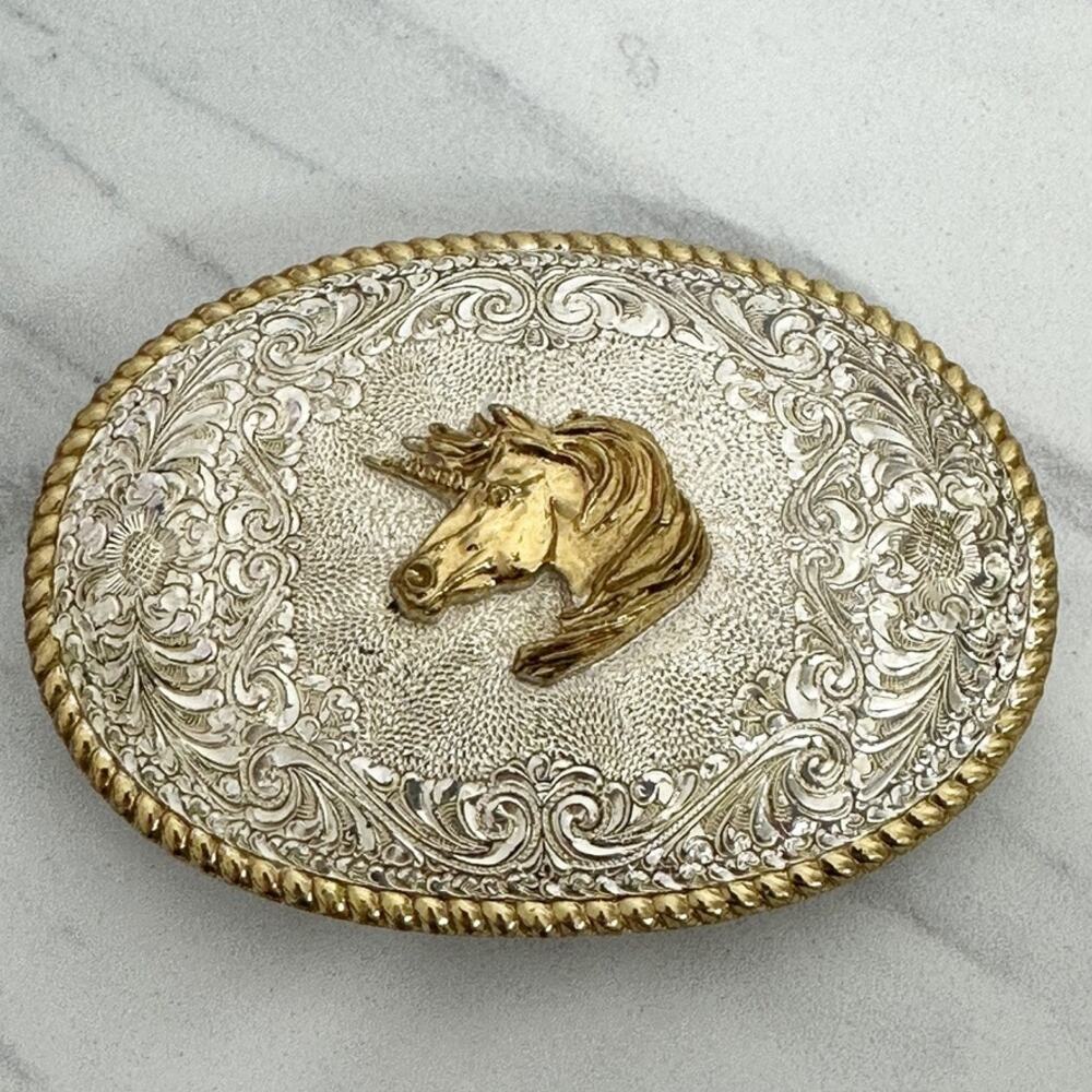 Crumrine Vintage Two-Tone Unicorn Western Belt Buckle Silver Gold Tone ✨